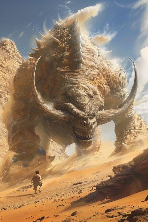 Fantasy Desert Monster, Desert People Art, Fantasy Beast Concept Art, Desert Monster Concept Art, Desert Village Fantasy Art, Fantasy Desert Village, Megalophobia Art, Fantasy Desert Creatures, Desert Fantasy Art