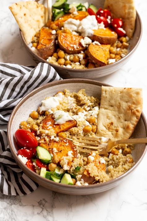 Chickpea and Sweet Potato Gyro Bowl - Inspiralized Tzatziki Bowl, Chickpea And Sweet Potato, Gyro Bowl, Gyro Pita, Pita Sandwich, Superfood Bowl, Aip Paleo Recipes, Pita Sandwiches, Sweet Potato Slices