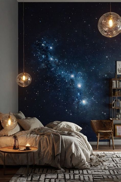 bedroom lighting, ceiling lights, bedside lamps, floor lamps Galaxy Bedroom Ideas, Space Themed Bedroom Aesthetic, Coastal Boho Living Room, Gaming Nook, Galaxy Bedroom, Space Themed Bedroom, Best Color Schemes, Productive Work, Bedroom Aesthetics