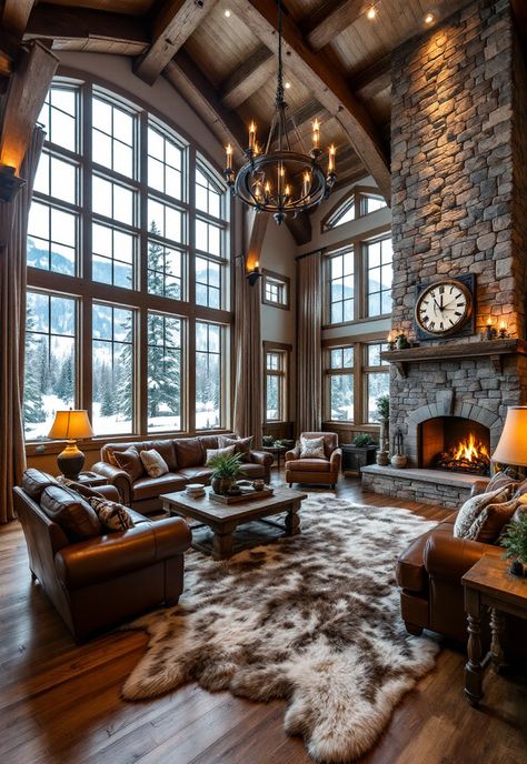 Rustic Living Room Bear Skin Rug On Wall, Lodge Interior Design Rustic, Modern Lodge Decor Living Room, Big Stone Fireplace Living Room, Cozy Cabin Living Room Ideas, Grand Fireplace Ideas Living Rooms, Rustic Family Rooms, Winter Lodge Interior, Mountain Lodge Interior Design