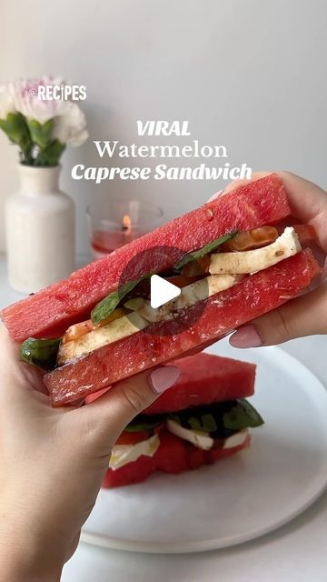 Recipes on Instagram: "Swap out your bread for something light and refreshing 🍉 This Viral Watermelon Caprese Sandwich makes for the most delicious summer lunch.  #viralwatermelonsandwich #viral #watermelon #sandwich #caprese #capresewatermelon #watermelonrecipes" Watermelon Sandwich, Watermelon Caprese, Watermelon Caprese Salad, Caprese Sandwich Recipe, Caprese Sandwich, Watermelon And Feta, Dinner Sandwiches, Candy Recipes Homemade, Summer Lunch