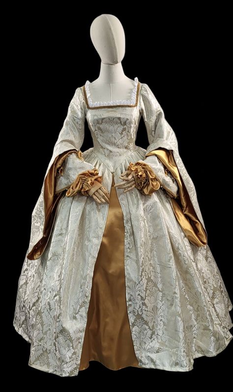 Tudor Style Gown in Cream Brocade with Gold Satin Accents