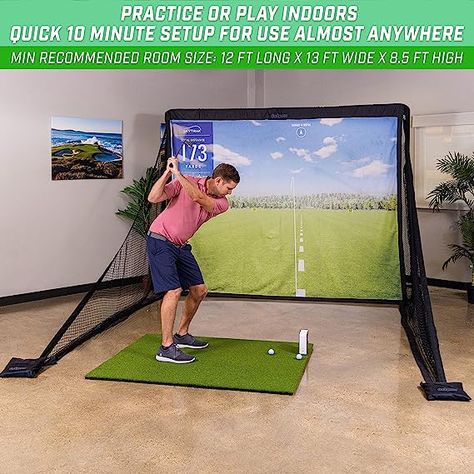 The best indoor golf set-up! Simulator Setup, Golf Hitting Net, Home Golf Simulator, Impact Screen, Golf Practice Net, Golf Net, Golf Simulator, Golf Simulators, Golf Drills