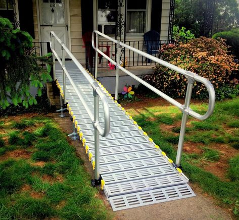 Aluminum Handrails | Roll-A-Ramp® Garden Ramp, Ramp For Wheelchair, Wheelchair Ramp Design, Knee Scooter, Scooter Ramps, Aluminum Handrail, Aluminum Ramp, Ramp Design, Organizing For A Move