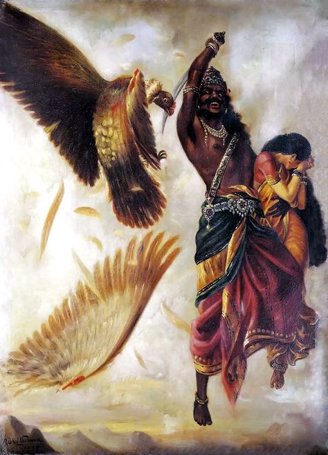 Jatayu Vadha artist Raja Ravi Varma (1848 – 1906) Raja Ravi Varma Paintings, Ravi Varma Paintings, Ravi Varma, Raja Ravi Varma, Lord Rama Images, Social Media Art, Collage Portrait, Ancient Paintings, Ethereal Aesthetic