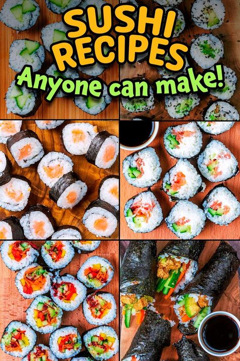 A collage of different sushi with a text title overlay. Easy Sushi Recipes, Sushi Recipes For Beginners, Healthy Sushi Rolls, Different Sushi, Easy Sushi Rolls, Vegetarian Sushi Rolls, Vegetarian Fish, Making Sushi Rice, Make Sushi At Home