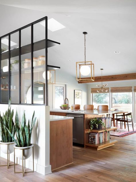 Distressed Decor, Fixer Upper Kitchen, Kitchen And Dining Room, Glass Partition, Open Concept Kitchen, Joanna Gaines, Open Kitchen, Wood Flooring, Newport Beach