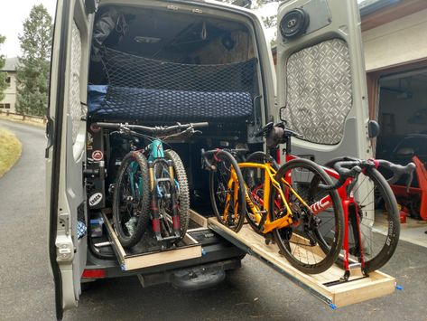 Bike slider tray - prototype on the right, version 2 on the left Bike Storage In Van, Truck Bed Bike Rack, Rack Velo, Bike Locker, Camp Van, Heavy Duty Drawer Slides, Diy Van Conversions, Van Bed, Conversion Van