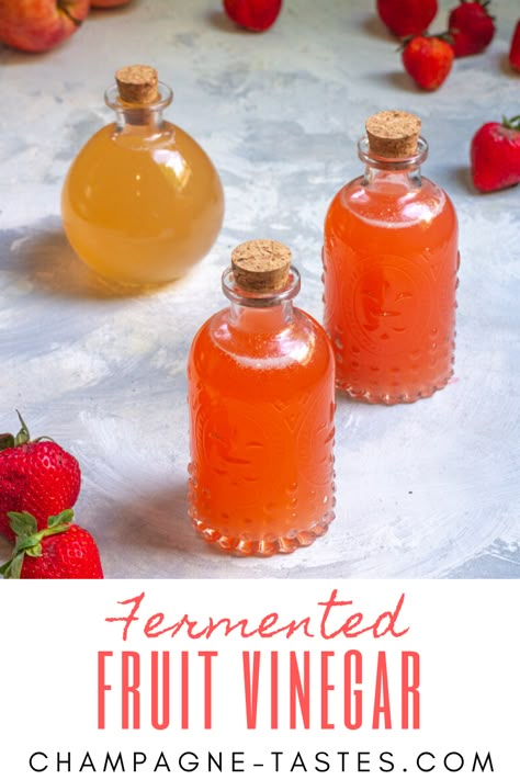 This easy fermented fruit vinegar uses two ingredients: fruit and water. It’s the perfect way to use fruit scraps and overripe fruit to make homemade apple cider vinegar, berry vinegar, and more! Fruit Scraps, Homemade Vinegar, Fermented Fruit, Homemade Apple Cider Vinegar, Fruit Vinegar, Strawberry Vinegar, Flavored Vinegars, Homemade Apple Cider, Fermentation Recipes