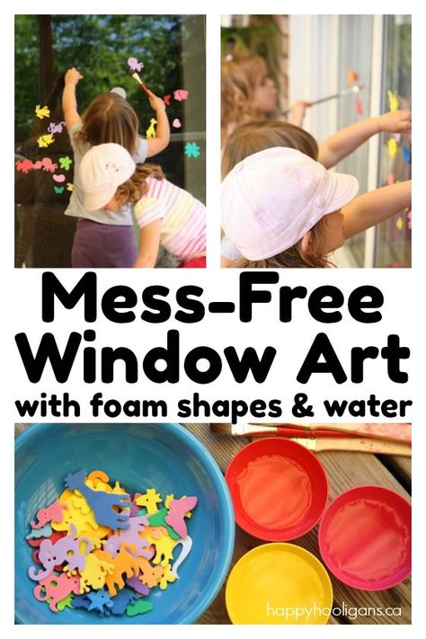 Toddlers LOVE this activity! Create window art with foam shapes and water! Keeps little ones busy, happy and learning for ages! Backyard Activities For Kids, Outdoor Play Ideas, Water Play Preschool, Water Kids, Happy Hooligans, Backyard Activities, Window Crafts, Art Activities For Toddlers, Foam Shapes