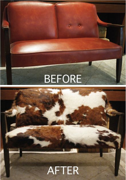 Cowhide Upholstery Diy, Cowhide Decor, Cowhide Furniture, Brown Chair, Faux Cowhide, Reupholster Furniture, Western Furniture, Southwest Decor, Settee Sofa