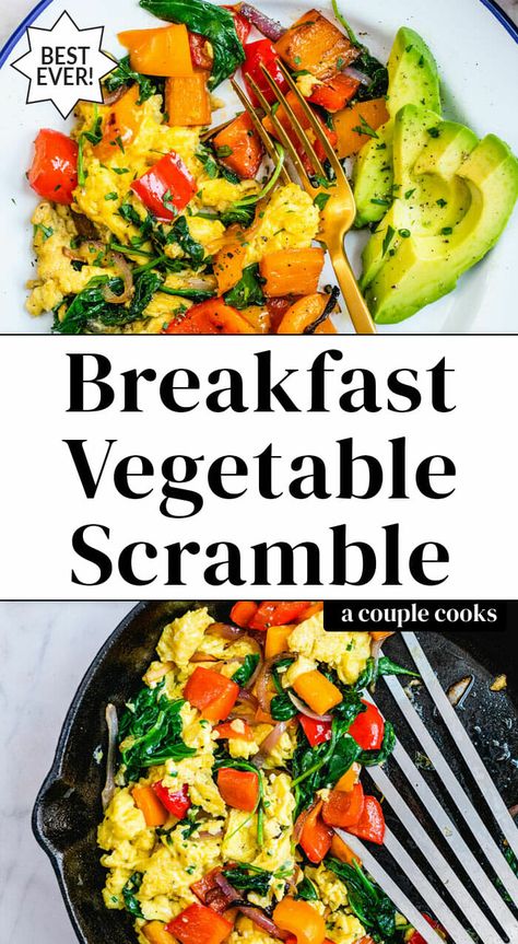 Want to eat more veggies? Make this breakfast vegetables scramble! It's got lots of colorful veggies to start the day right...with a plant based / vegan option. #breakfastvegetables #vegetablesforbreakfast #vegetablescramble #breakfastrecipe #healthybreakfast Breakfast Veggie Scramble, Roasted Vegetables Breakfast, Incorporating Veggies In Breakfast, Breakfast Vegetables Side Dishes, Healthy Vegetable Breakfast, Is Tofu Healthy, Nutritionist Recipes, Veggie Egg Scramble, Veggie Scramble