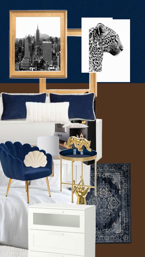 Navy Blue Apartment Aesthetic, Leopard Room Ideas Bedrooms, Cheetah Bedroom Ideas, Navy Room Ideas, Glamour Bedroom Ideas, Navy Room Decor, Leopard Room, Leopard Bedroom, Solo Apartment