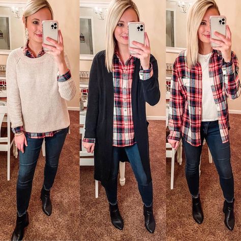 What is your favorite way to wear a flannel?? I love mixing it up! This oversized flannel boyfriend tunic from @oldnavy is the 💣.com!! They… Sweater And Flannel Outfits, How To Wear A Flannel, Ways To Wear A Flannel, How To Style A Flannel, Cute Teacher Clothes, Oversized Flannel Outfits, Styling A Flannel, Casual Teacher Outfit, Flannel Outfits Fall