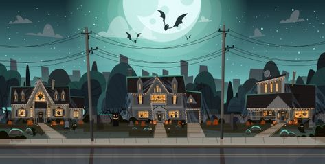 Houses decorated for halloween, front vi... | Premium Vector #Freepik #vector #people #party #halloween #city Anime Houses, Halloween City, Building Front, Building Illustration, City Cartoon, City Background, House Front Design, Halloween Home, Cartoon Background