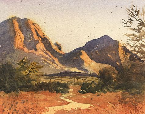 Sonoran Desert Sunset by Larry Cannon, Watercolor, 11 x 14 Desert Drawing, Watercolor Scenery, Watercolor Art Landscape, Nature Watercolor, Watercolor Sunset, Watercolour Inspiration, Desert Art, Watercolor Mountains, Desert Sunset