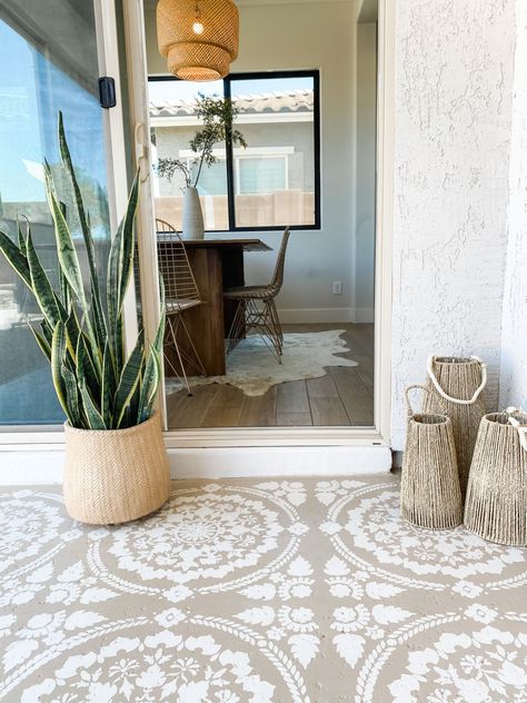 Stenciled Concrete Floor, Paint Concrete Patio, Stencil Concrete, Concrete Patio Makeover, Painting Front Porch, Cement Patio, Concrete Patio Designs, Painted Concrete Floors, Painted Front Porches