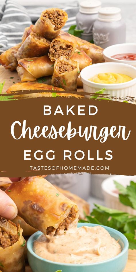 Baked cheeseburger egg rolls are an irresistible and unique appetizer, meal, or snack. They are easy to make, with store-bought egg roll wrappers stuffed with ground beef, sharp cheddar cheese, diced onion, and relish. The egg rolls are baked until golden and crispy, giving them a crunchy texture that perfectly pairs with the juicy and savory filling. Cheesy Beef Egg Rolls, Egg Roll Baked, Baked Cheeseburger Eggrolls, Appetizer Egg Rolls, Cheeseburger Egg Roll, Baked Eggroll Recipes, Cheeseburger Egg Rolls Air Fryer, Eggroll Wrapper Ideas, Cheese Burger Egg Rolls Recipe