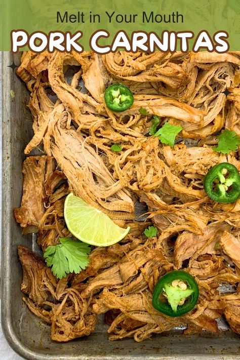 Pork Carnitas in a baking tray Pork Mexican Recipes, Pulled Pork Mexican, How To Make Carnitas, Carnitas Slow Cooker, Pork Mexican, Gluten Free Mexican Recipes, Mexican Pulled Pork, Slow Cooker Carnitas, Pork Carnitas Slow Cooker