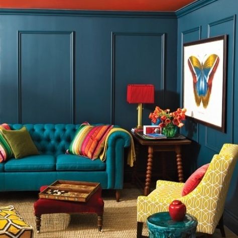 teal, yellow and red, love these colors together! living room colors but not yellow...mustard.  my teal has a little more brown and green in it. Bohemian Interior, Teal Living Rooms, Colourful Living Room, Sofa Styling, Decoration Inspiration, Colorful Furniture, Blue Walls, A Living Room, Design Case