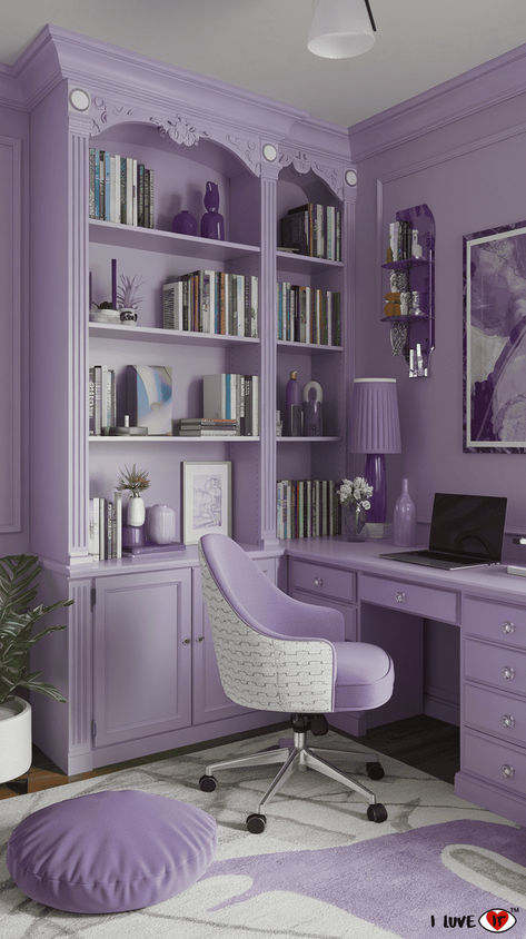 22 Stylish Home Office Ideas for Women to Elevate Your Workspace - I Luve It Lavender Home Office, Purple Office Aesthetic, Purple Desk Setup, Reading Room Aesthetic, Lavender Desk, Lavender Office, Purple Home Office, Victorian Office, Purple Desk