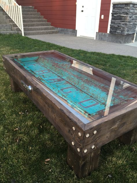 Old Fargo truck tailgate coffee table More Old Tailgate Ideas, Tailgate Coffee Table, Truck Tailgate Bench, Storage Coffee Tables, Fargo Truck, Tailgate Bench, Tailgate Table, Man Cave Design, Truck Bed Storage