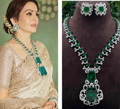 Nita Ambani inspired emerald green american diamond long necklace set. #statementjewelry #earrings #bangles #fashion #trendy #weddingseason #jewelry #weddingjewelry #fashionjewelry #kundanjewelry #punjabiwedding #indianwedding #india #pakistan #canada #vancouver #toronto #brampton #usa #california #bayarea #sanfrancisco #texas #dallas #houston #newyork #chicago #sanantonio #florida #gehnagalleryusa Ambani Jewellery, Diamond Long Necklace, Nita Ambani, Long Necklace Set, Emerald Green Stone, Canada Vancouver, Texas Dallas, Inspired Necklace, Punjabi Wedding