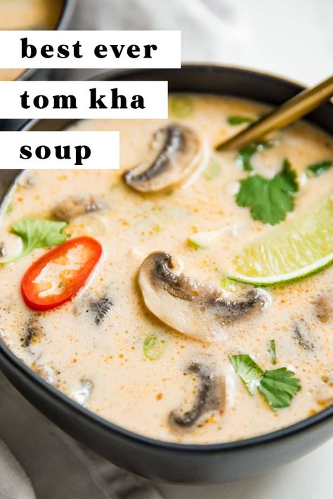 Best Ever Tom Kha Gai Soup (Thai Coconut Chicken Soup) Tom Chi Guy, Coconut Broth Soup, Lemongrass Soup Recipe, Coconut Tofu Soup, Coconut Lime Soup, Thai Broth Soup, Tom Ka Soup Recipe, Thai Coconut Shrimp Soup, Soups With Coconut Milk