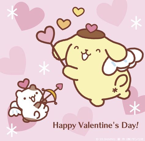 Pompompurin Valentines Day, Chibi Valentines Day, Valentines Sanrio Wallpaper, Sanrio Valentines Day Card, Valentines Day Pfp Matching, Valentines Day Sanrio, Valentines Day Cartoon Aesthetic, Sanrio Valentines Day Wallpaper, Pfp Valentines