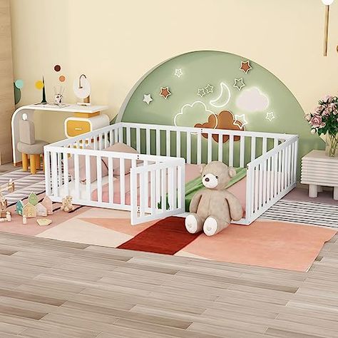 Floor Bed for Kids,Queen Size Montessori Floor Bed Frame with Fence Railings for Children, Wooden Playhouse Beds for Boys Girls, White Queen Size Floor Bed, Reading Place, Playhouse Bed, Floor Bed Frame, No Bed, Small Door, Wood Daybed, Queen Platform Bed, Wood Bed Frame