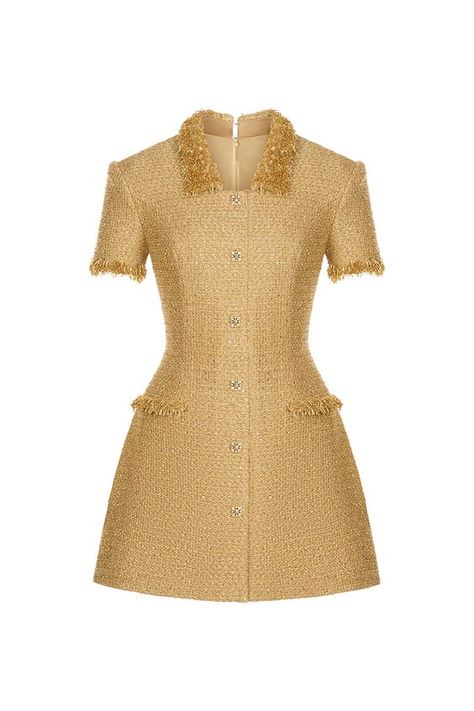 Gold Embellished Mini Dress - Non-stretchy fabric - Invisible zipper back side - Fully lined - A-line shape - Made in Vietnam Composition: Main: 100% Polyester, Lining: 100% Polyester, Trim: 100% Polyester Waist to hem: 38cm Model height is 170cm, is wearing S Dress Christmas Outfit, Mia Dress, Embellished Mini Dress, Knitwear Outfit, Graduation Gown, Mean Blvd, Dress Christmas, Tweed Dress, Wardrobe Ideas