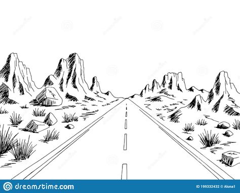 Prairie Road Graphic Black White Desert Landscape Sketch Illustration Vector Stock Vector - Illustration of outline, modern: 199332432 Landscape Outline, Desert Road Tattoo, Desert Line Art, Road Sketch, Road Tattoo, Desert Sketch, Desert Scene Tattoo, Desert Road Drawing, Desert Highway Drawing