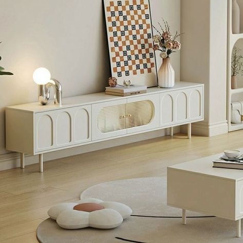 Modern White TV Stand with Low Height, Drawers, and Cable Management - 94"L x 12"W x 18"H Modern Media Cabinets, White Tv Stand, Small Apartment Living Room, Storage Credenza, Modern Console, Small Apartment Living, Table Tv, Living Room Tv Stand, Small Apartment