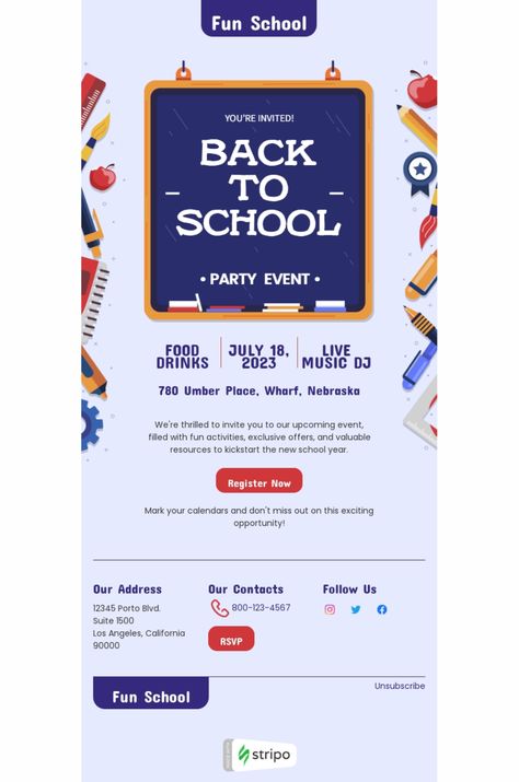 Back to school email template "Upcoming event" for education industry. Create professional and responsive emails fast with no HTML skills. Explore our Email Templates for an impressive design. Follow us on Pinterest for more inspiration and tips. 🤗 #backtoschool #emailinspiration #stripoemail #emailtemplates #emailmarketingdesign #emailmarketing #newsletterdesign Appreciation Email, Back To School Newsletter, Emailer Design, School Ads, Email Marketing Layout, School Newsletter, Design Campaign, Email Template Design, Responsive Email