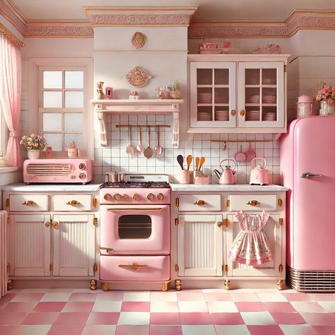 Draw ideas, inspo for desing, Vintage Pink Kitchen Appliances, 50s Pink Kitchen, Pastel 50s Aesthetic, Pastel 80s Aesthetic, Kitchen Aesthetic Wallpaper, Kitchen Aesthetic Pink, 2000s Kitchen, Pink And White Kitchen, Pink Diner