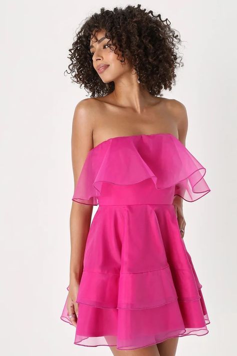 Adored Darling Magenta Organza Ruffled Strapless Mini Dress | Lulus (US) Mini Dress Pink, Flared Mini Skirt, Tiered Ruffle Dress, Lulu Fashion, Mini Dress Formal, Halter Maxi Dresses, Strapless Mini Dress, Pink Mini Dresses, Sweet Dress