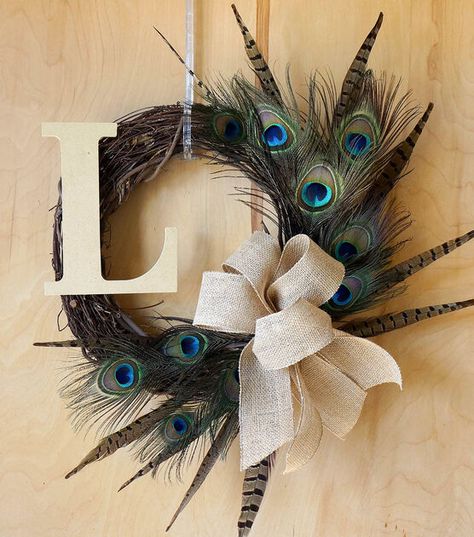 Peacock Feather Wreath, Blue Flower Wreath, Peacock Feather Art, Peacock Wreath, Peacock Crafts, Antlers Decor, Initial Wreath, Feather Wreath, Floral Grapevine