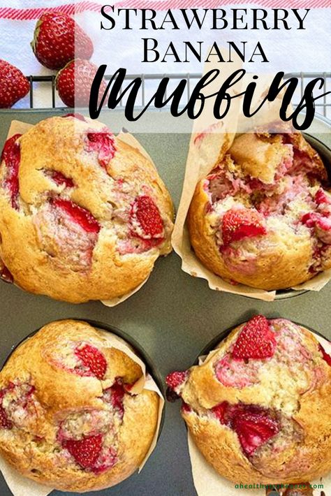 Strawberry Banana Muffins | A Healthy Makeover Recipes Strawberry Sour Cream Muffins, Strawberry Banana Shortcake, Strawberry Crumble Muffins, Strawberry Banana Recipes, Strawberry Banana Muffins, Strawberry Muffin Recipes, Breakfast Favorites, Joy Cookies, Fresh Strawberry Recipes