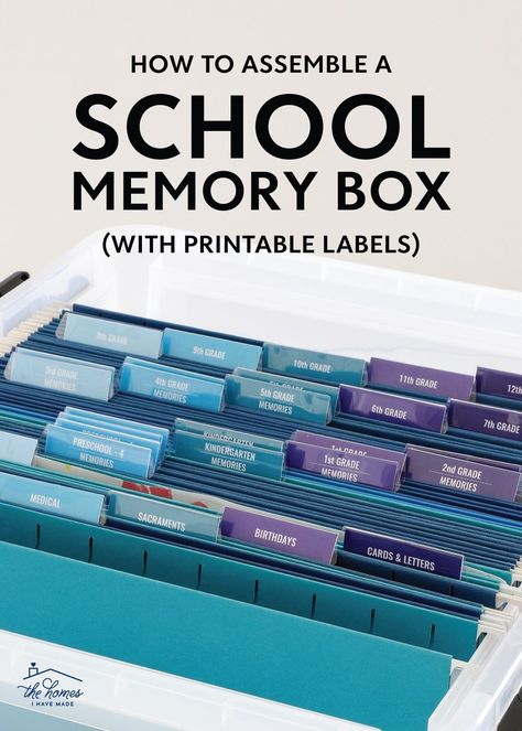 Learn how to assemble a SchooL Memory Box so that you can save and cherish the best-of-the-best of your kids' childhood and education. Using these editable, printable, color-coordinated file box labels labels makes this project much more manageable (and even a little fun!) School Year Memory Boxes, School Memory Boxes, Memory Binder, Moving Box Labels, Paper Decluttering, Kids School Papers, Accordion Folder, I Heart Organizing, File Boxes