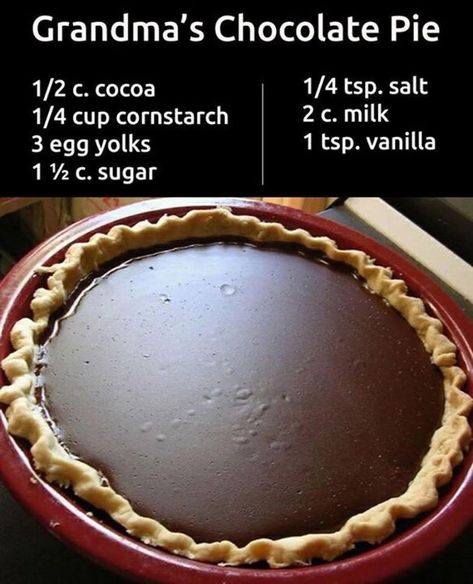 This recipe does not have meringue on it. You could make the meringue if you want. Mix cocoa, cornstarch, beaten egg yolks; sugar and salt and vanilla, then add milk gradually, while stirring in a pot over med-high heat. Cook until thick, beating it smooth. Pour into a pre-baked pie shell. Put in the fridge to chill. Grandma's Chocolate Pie, Homemade Chocolate Pie, Tart Pie, Chocolate Pie Recipes, Postre Keto, Valentine Desserts, Chocolate Pie, Egg Yolks, Chocolate Pies