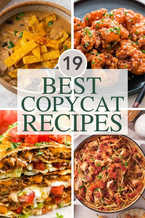 Four images of copycat restaurant recipes. Chicken Tonight Sauce Copycat, 99 Restaurant Recipes Copycat, Fatz Cafe Recipes, Friday Dinner Ideas Restaurant Copycat Recipes, Dinner Copycat Recipes, Chart House Recipes, Copycat Restaurant Recipes Mexican, Copycat Dinner Recipes, Copycat Restaurant Recipes Dinners