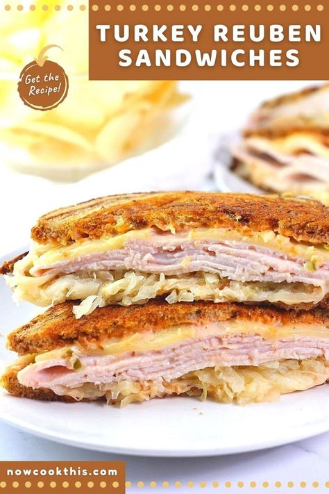 These grilled Turkey Reuben Sandwiches have deli oven-roasted turkey, Swiss cheese, sauerkraut, Thousand Island dressing, and buttered rye bread cooked to crisp, golden-brown perfection. They're so quick, easy and delicious to make at home, there's no need to order takeout. Get the recipe and try them! Rachel Sandwich, Turkey Reuben, Toasted Turkey, Sauerkraut Sandwich, Reuben Recipe, Reuben Sandwich Recipe, Reuben Sandwich Classic, Reuben Sandwiches, Sandwhich Recipes