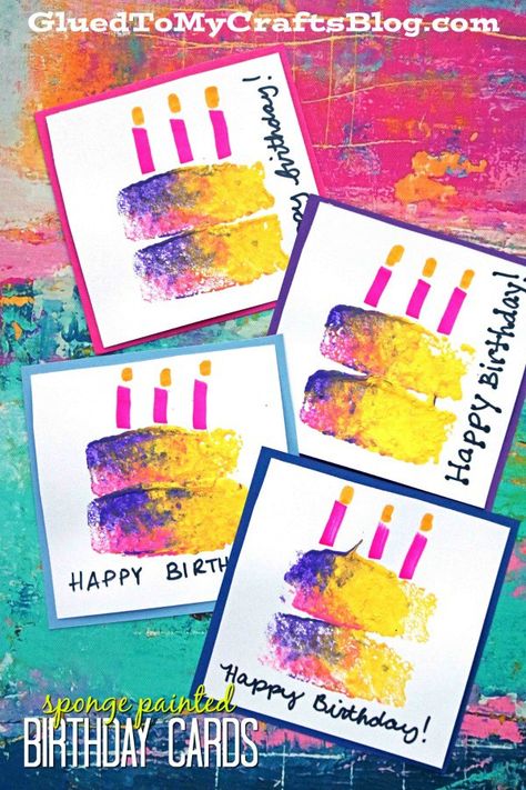 Sponge Painted Birthday Cards - Handmade Gift - Crafty Idea - DIY Crafts #gluedtomycrafts Painted Birthday Cake, Birthday Cake Cards, Gifts For Mom Diy, Sharpie Mugs, Diy Mom, Birthday Cake Card, Birthday Card Craft, Sponge Painting, Happy Cards