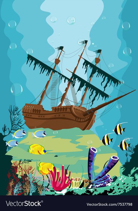 Shipwreck Illustration, Old Pirate Ship, Underwater Shipwreck, Old Pirate, Underwater Landscape, Underwater Cartoon, Sunken Ship, Bathroom Mural, Ship Vector