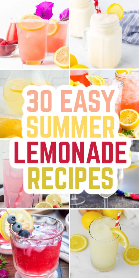 Finding a refreshing and easy summer drink that everyone loves can be tough. These 30 lemonade recipes are perfect for cooling down on hot days. Save this pin to have a variety of delicious lemonade options at your fingertips! Quench your thirst with a delightful lemonade variation perfect for any summer day. Easy lemonade, fresh lemonade, homemade lemonade recipes, party lemonade, frozen lemonade recipes, how to make lemonade at home, flavored lemonade recipes, easy summer drinks. Party Lemonade Recipe, Home Made Lemonade Recipe Easy, Lemonade Flavors Recipes, Lemonade Drinks Nonalcoholic, Carnival Lemonade Recipe, Lemonade Punch Recipes, Lemonade Variations, Flavored Lemonade Recipes, Lemonade Recipe For Party