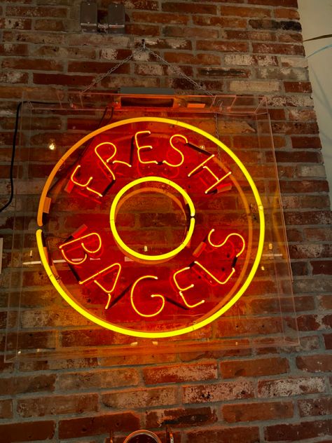 Fresh Bagels. #neon #neonlights #neonsign #bagels #bagelsandwich #bagelrecipe #banff #banffnationalpark #aesthetic #redaesthetics #yellow #red #yellowaesthetic #recipe #sign #signs Bagel Shop Aesthetic, Fresh Bagels, Lounge Vibes, Joy Design, Bagel Sandwich, Bagel Shop, Bagel Recipe, Yellow Aesthetic, Bagels