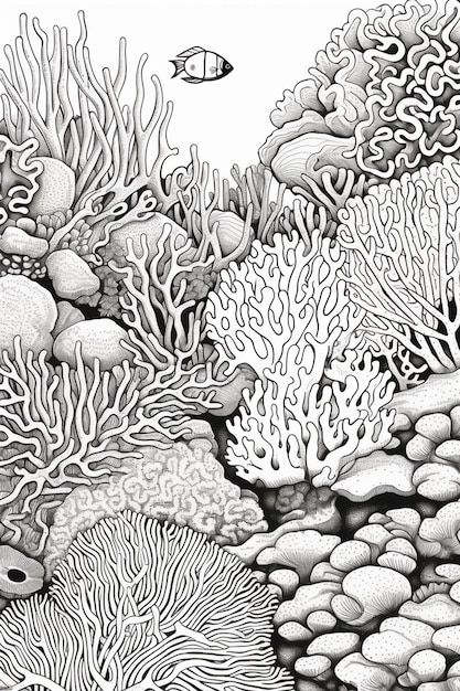 Download this Premium Photo about A black and white drawing of corals and corals., and discover more than 60 Million Professional Stock Photos on Freepik Sea Life Drawings Coral Reefs, Black And Grey Coral Reef Tattoo, Shoal Of Fish Drawing, Coral Sea Drawing, Coral Drawing Tutorial, Coral Abstract Art, Coral Line Drawing, Sea Sponge Drawing, Coral Sketch Drawings