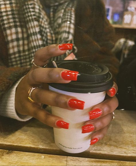 Red Nail Designs On Black Women, Red Nails Inspo Short, Full Red Nails, Red Shirt Nails Acrylic, Red Acrylic Nails Designs Short, Cherry Red Nails On Brown Skin, Black Women Red Nails, Dark Skin Red Nails, Red Nails On Black Women