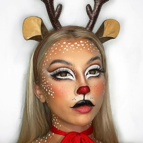 Rudolph Costume Diy, Winter Sfx Makeup, Rudolph Makeup Simple, Reindeer Makeup Look, Rudolph Makeup Reindeer, Christmas Character Makeup, Christmas Make Up Idea, Rudolph The Red Nosed Reindeer Makeup, Deer Face Painting