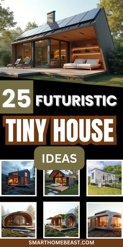 A collection of futuristic tiny house designs featuring sleek exteriors, multifunctional furniture, space-efficient interiors, and eco-friendly materials. Tiny House With Spiral Staircase, Furniture For Tiny Spaces, Unique Tiny Homes, Small Glass House Design, Tiny Home Designs Interiors, Loft Type House Small Spaces, Minimalist Small House Design, Tiny House Ideas Interior, Tiny Japanese House